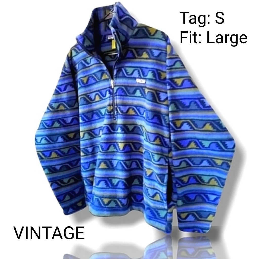 Nwot Vintage Patagonia Oversized Geometric Blue Fleece Pullover Pockets Jacket